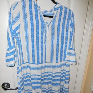 BLUE & WHITE VISCOSE MINI DRESS SWIM COVER RUFFLE HEM BOHO SIZE 5 MADE IN ITALY
